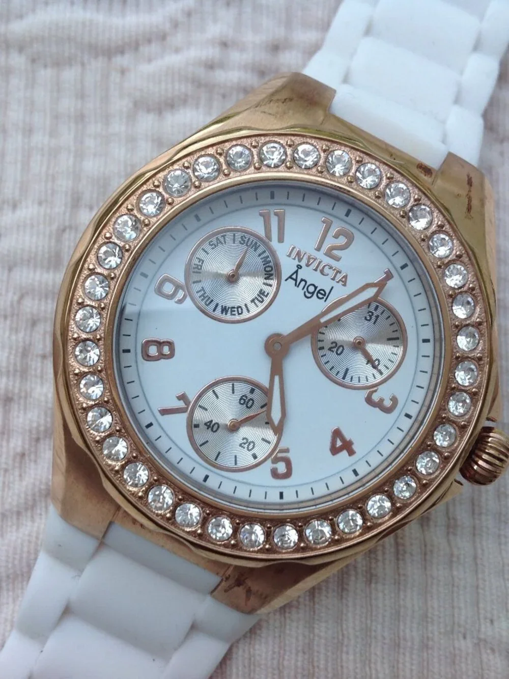 Invicta Angel Ladies Watch Rose Gold, Complications, White Band
